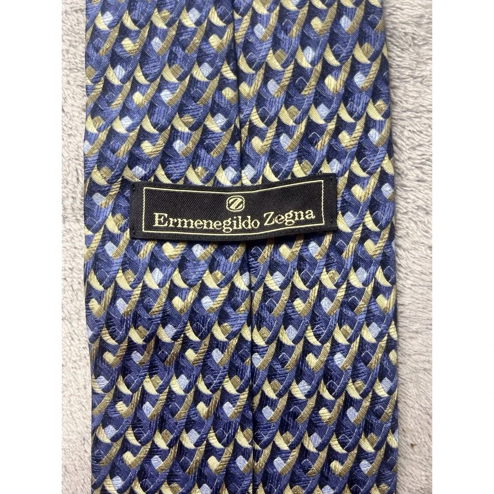 Ermenegildo Zegna‎ Silk Tie Blue Gold Geometric Woven Made in Italy Mens Necktie